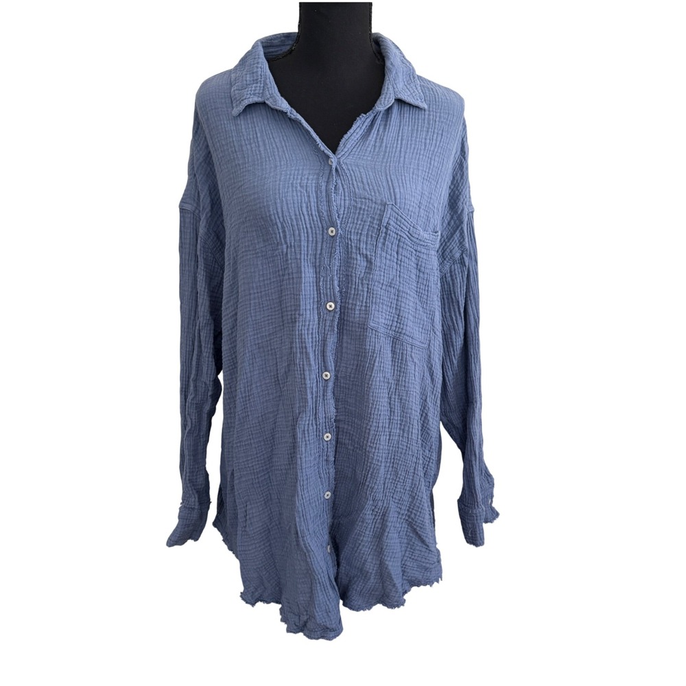 Aerie Womens Blue Cotton Gauze Oversized Button Down Shirt Raw Hem L Coastal